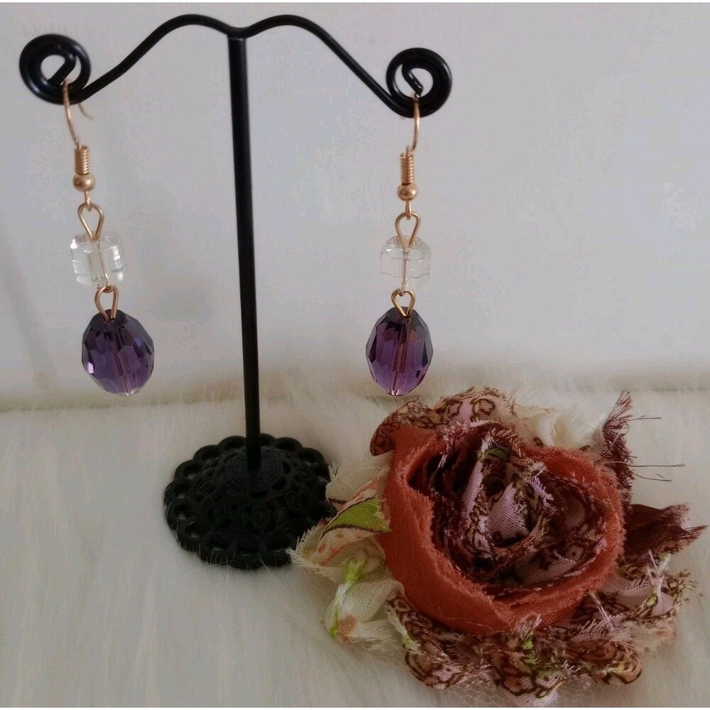Women's Purple & Clear Beaded Dangle Earrings  2" Drop Boho Fashion Jewelry NIP